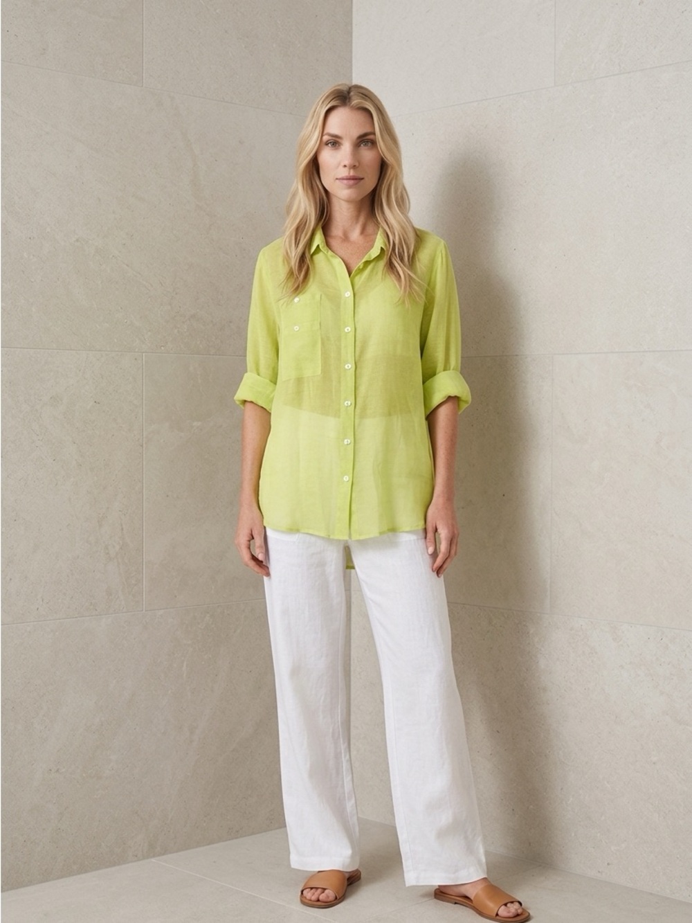 IC COLLECTION CONNIE K SHEER LIME BUTTON DOWN FLOWY ARTIST TOP SZ 3X